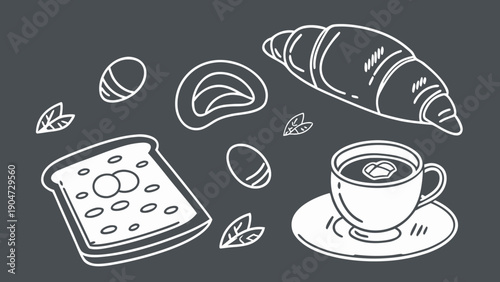 White line art illustration of breakfast items including a croissant, coffee cup, and toast.
