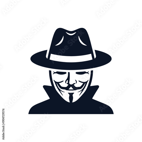 Anonymous figure wearing a hat and stylized smiling mask