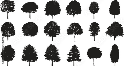 Collection of black tree silhouettes with varied shapes and sizes on a white background 1