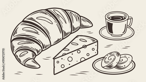 Hand drawn sketch illustration of a breakfast set featuring a croissant cheese and coffee cup