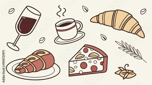 Hand drawn illustration of various breakfast and cafe items including coffee and croissant