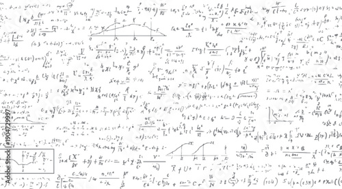 Handwritten mathematical equations and graphs on a white background. complex formulas and scientific notation fill the frame