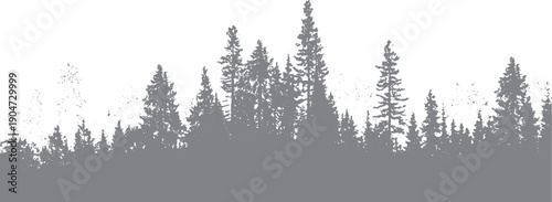 Bild auf Leinwand Silhouette of evergreen trees against a white background with scattered speckles