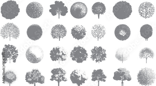 Collection of diverse grey tree silhouettes with varied foliage textures and branch structures on a white background