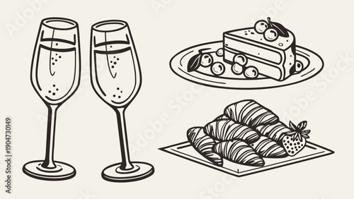 Hand drawn sketch of two champagne glasses with a slice of cake and chocolate croissants