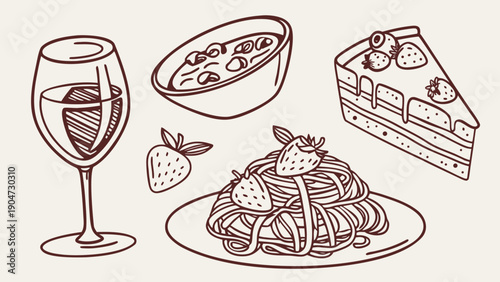 Monochromatic reddish brown illustration showing a glass of wine beside a bowl of soup and a plate of spaghetti next to a slice of berry cake.