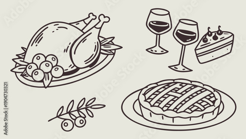 Line art illustration of a festive holiday dinner feast with roasted turkey, wine, and pie