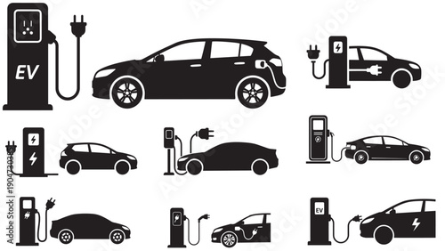 Electric Vehicle Charging Station Set With Cable Plug And EV Side Profile Silhouettes, Black Solid Vector Icons For Sustainable Mobility And Clean Transportation Infrastructure