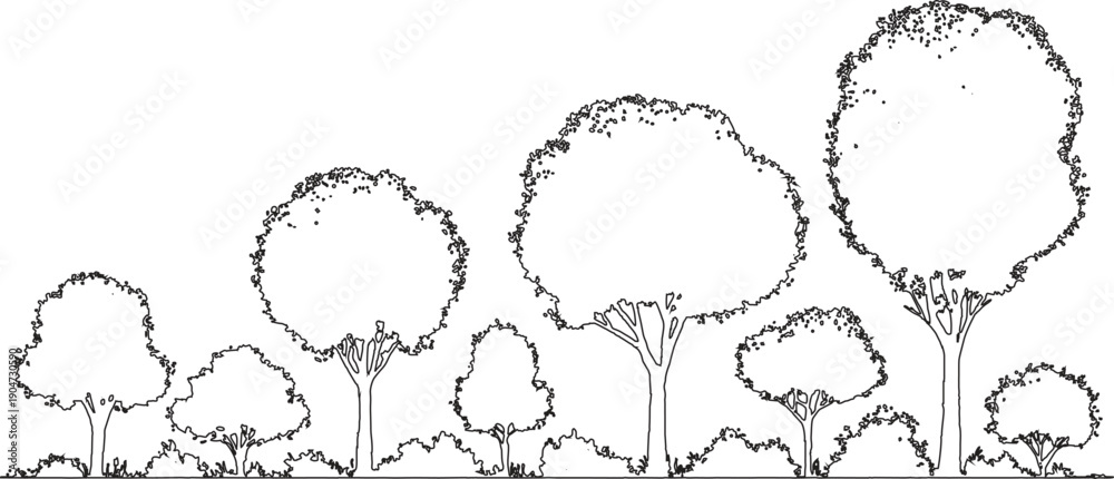 Obraz premium Black and white line of diverse trees and bushes against a white background plant nature outdoor