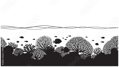Coral Reef Outline With Branching Coral, Fish Silhouettes And Wave Line, Black Solid Vector Illustration For Marine Conservation And Sustainable Ocean Design