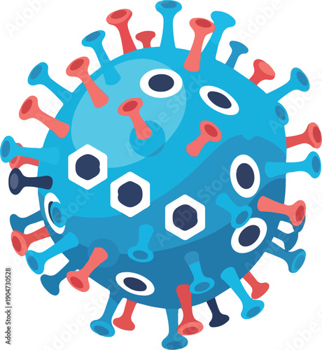 Vibrant microscopic illustration of a harmful pathogen causing infectious disease and health concerns, depicting a conceptual viral particle with spiked proteins and a complex structure