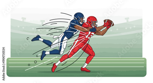 American football players in action on a green field with motion lines, illustrating a competitive match in the USA.