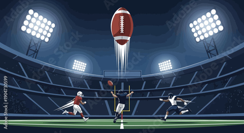 American football players in action at the Super Bowl, catching a ball near the Vince Lombardi Trophy in a stadium.