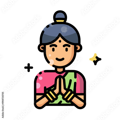 Indian Woman Namaste Gesture Icon Vector Illustration. Traditional Greeting Colorful Design.