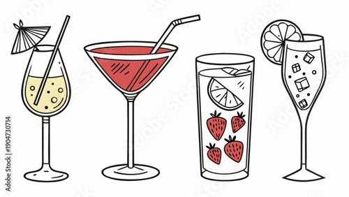 Set of four hand-drawn cocktail illustrations with colorful accents on a white background.
