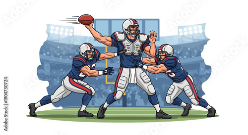 American football players in action on a green field with a stadium background, throwing and catching a ball during a match.