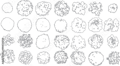 Collection of grey line tree canopy outlines with varied textures and shapes on a white background