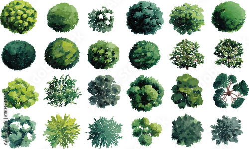 Collection of twenty green trees viewed from above in watercolor style. Diverse shapes and shades of green foliage