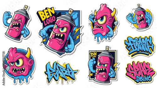 Cartoon graffiti spray cans and monsters illustration vector art for design