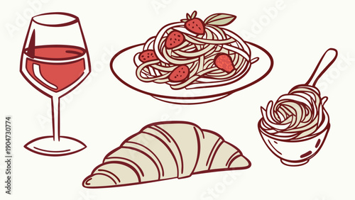 Hand drawn illustration of italian food elements including pasta wine and croissant set