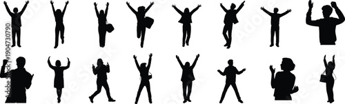 Happy people silhouettes set with cheering and jumping poses, celebration success emotion concept, black vector human figures isolated on white background