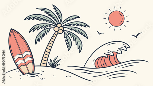 A vintage style illustration of a tropical beach with a surfboard, palm tree, and sun.