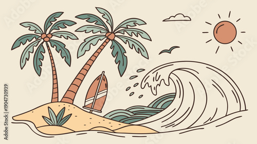 Tropical beach scene with palm trees and a surfboard in a vintage pixel art style