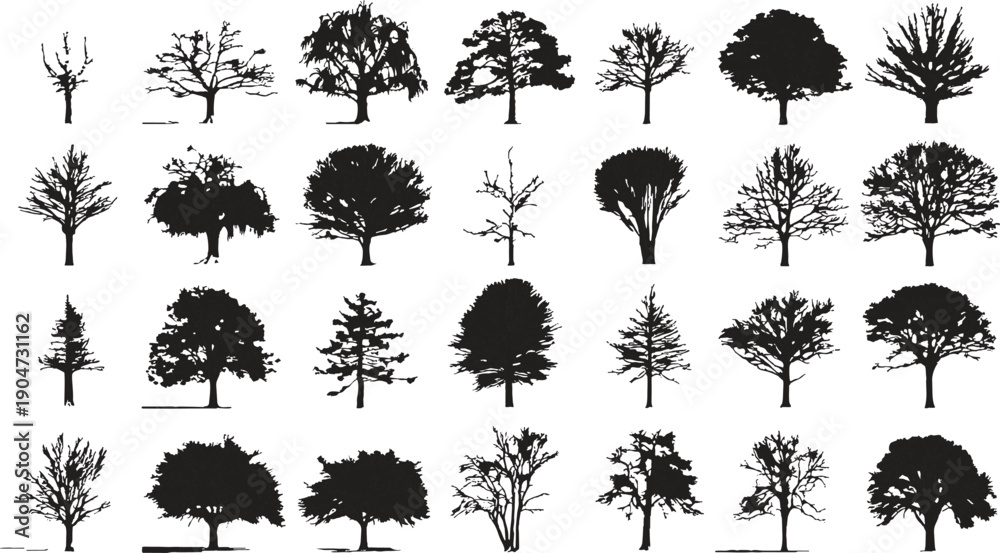 Fototapeta premium Collection of diverse black tree silhouettes on white background. Various shapes and sizes of deciduous and coniferous trees