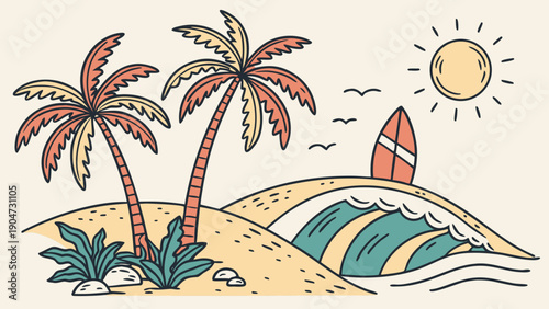 Hand drawn retro style tropical island landscape with palm trees surfboard and ocean wave