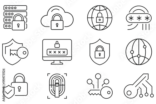 Set of security lock icons. Security icons including password, virus, biometric, secure Login, protection, access, network and more. Security icons different aspects of digital protection. Vector.