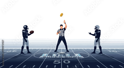 American football players and referee on a field with the Vince Lombardi Trophy, illustrating a Super Bowl match.