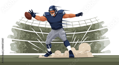 American football player in action on a field with stadium background, holding ball at Super Bowl event.