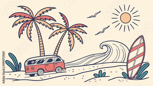 A red camper van is parked on a sandy beach next to palm trees with a large wave and a surfboard in the background.