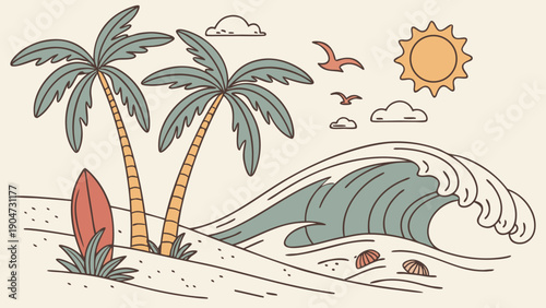 Vintage style illustration of a tropical beach with palm trees and a surfboard on the sand