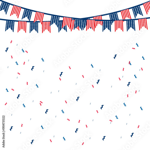 A festive banner of American flags hanging with confetti falling on a white background, celebrating Independence Day or a patriotic event