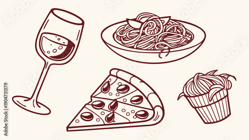 Hand drawn illustration of italian food including wine pasta pizza and dessert on a plain background