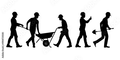 Silhouettes of construction workers engaged in various tasks and using different tools Vector