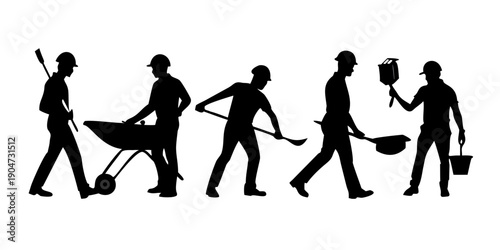 A group of workers carrying various tools and equipment on a construction site Vector