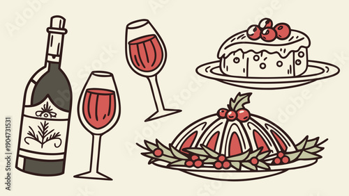 Vintage illustration of wine bottle with glasses and festive desserts on a cream background