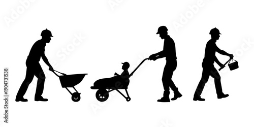 Three workers engaged in various construction activities with tools and equipment Vector