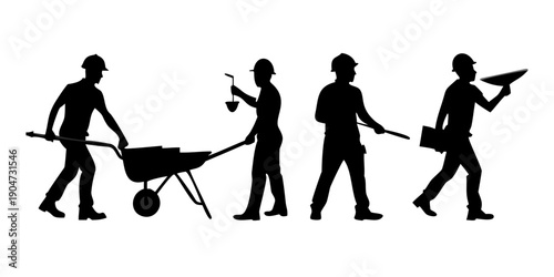 Silhouettes of construction workers carrying tools and a wheelbarrow Vector