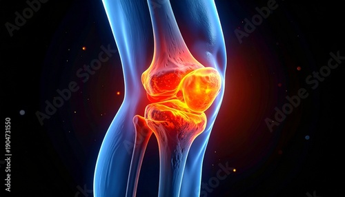 Digitally rendered human knee joint with translucent bones, highlighting inflammation in bright orange and red hues, illustrating arthritis, pain, or injury for medical educational context.
