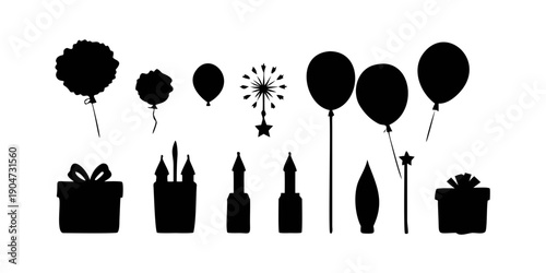 Assorted black silhouettes of party decorations and gifts Vector
