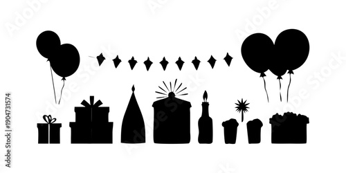 A variety of party decorations including balloons, hats, and gifts. Vector