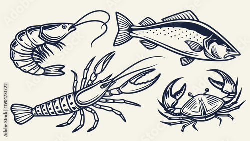 Hand drawn vintage sketches of various seafood items including shrimp fish lobster and crab