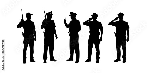 Five police officers in different poses and uniforms standing in a line Vector