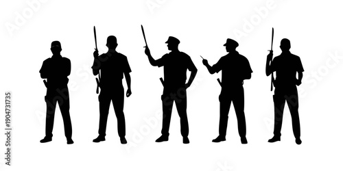 Five police officers standing in a row with different poses and weapons Vector