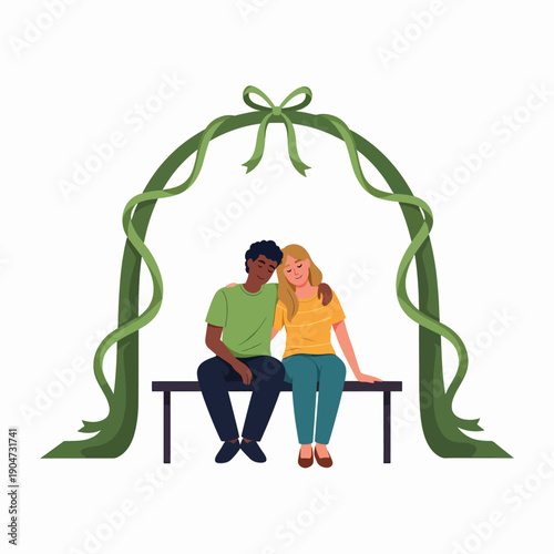 A Romantic Couple Embracing Under a Green Floral Archway Symbolizing Love and Togetherness