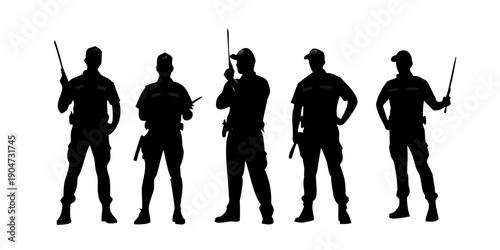 Five silhouetted figures holding various objects in a line Vector