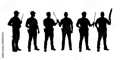 Silhouettes of police officers standing in a row with various equipment. Vector